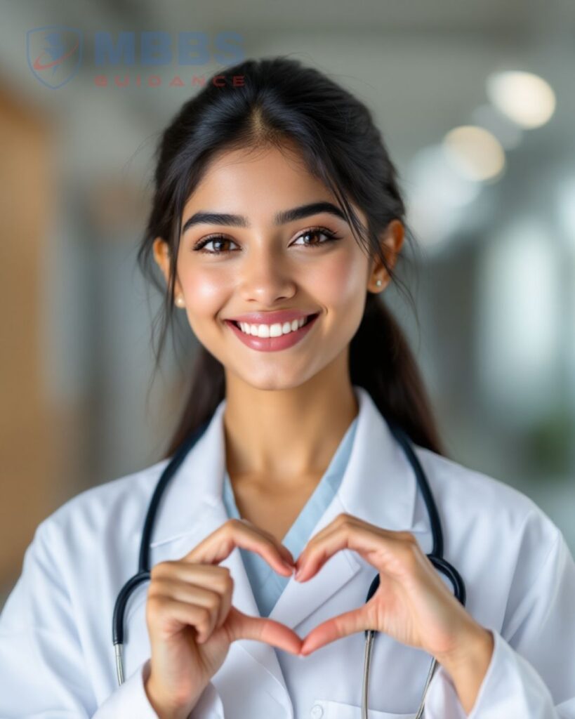 Female medical student studying MBBS abroad, showing love for humanity